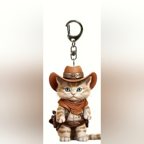 1 Piece Cowboy Kitten Keychain, 2D Acrylic Cat Pendant, 0.3cm Thick, Double-Side - Picture 5 of 6